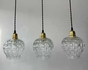 Kavel van 3 oude VINTAGE HANGERS in bubbelglas, oude Franse lamp