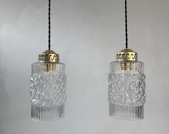Lot of 2 Antique Glass Pendant Lights, Vintage French Style