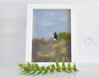 Puffin coastal picture, embroidery with needle felting, birthday present, framed gift, wall decor, seaside, Scotland, bird watcher gift