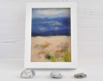 Sea thrift seascape, needle felt with embroidery, birthday gift, present, wall decor, textile art, wildlife picture, British coast,