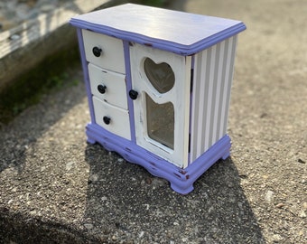 Shabby Chic, Upcycled, Vintage, Purple, White, Distressed, Hand Painted, Decoupaged, Stripes, Wooden Jewelry Box, Jewelry Armoire