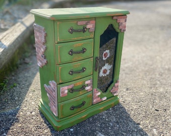 Shabby Chic, Upcycled, Vintage, Green, Distressed, Hand Painted, Bricks, Wooden Jewelry Box, Jewelry Armoire