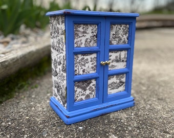 Shabby Chic, Upcycled, Vintage, Blue, Distressed, Hand Painted, Decoupaged, Wooden Jewelry Box, Jewelry Armoire