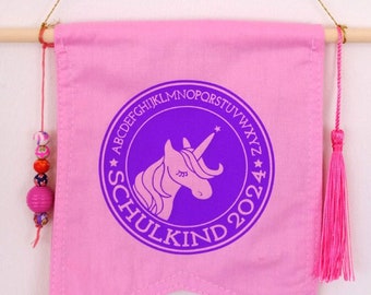 Bügelbild Schulkind 2024 Einhorn mit Name, Flockfolie oder Flexfolie in Wunschfarbe, zum Aufbügeln auf Textilien mit hohem Baumwollgehalt