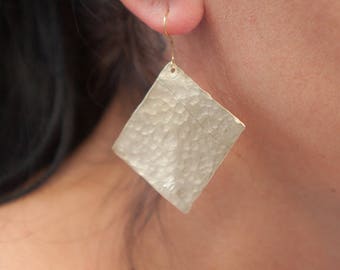 Handmade Earrings Wide Geometric Squared Hammered Gold plated, Summer Jewelry,