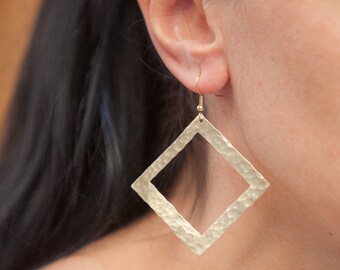 Handmade Earrings Wide Geometric Squared Hammered Cut Out Gold plated