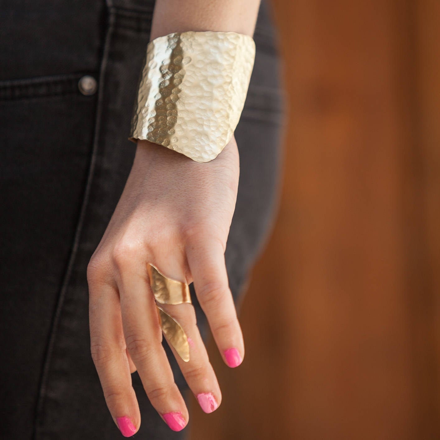 Extra wide custom made Cuff Bracelet 18k Rose Tone Gold plated hammered  bangle - George Lemmas Jewelry Designer