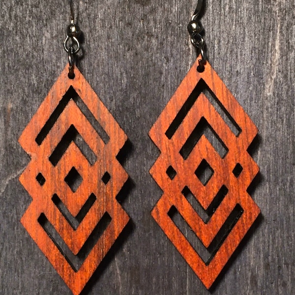 Geometrical Earrings. Choose Between Bloodwood or Cherry. Sock Monkey Dyes & Gifts