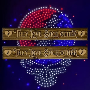 May include: Two wooden signs with the text "They Love Each Other" and a lightning bolt heart design. The signs are stacked on top of each other.