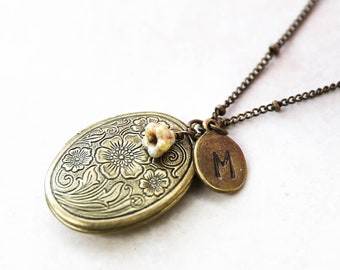 Embossed Floral Locket Necklace, Antique Brass, Custom Initial, Memorial Photo Pendant