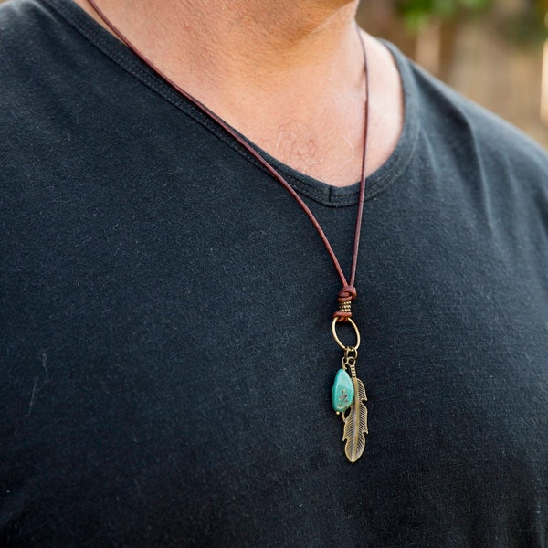 Men's Necklace Turquoise Antique Brass Feather Leather Necklace Unisex Boho Leather Necklace Bohemian Long Necklace, Boho Chic