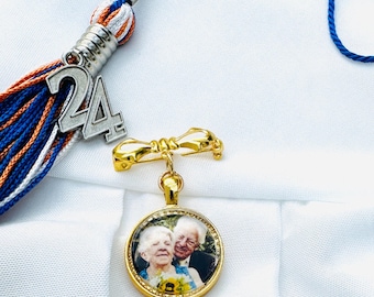 Personalized Graduation Photo Charm Pin, Memorial Tassel Gift, Cap and Gown Accessory
