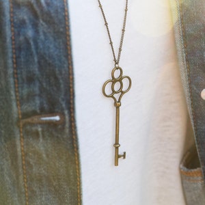 Key Necklace, Antique Brass Long Layering Necklace, Vintage Like Key Necklace, Large Key Necklace