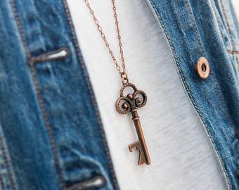 Key Necklace, Large Scroll Copper Key Pendant, Bottle Opener Key Jewelry, Copper Boho Necklace, Long Layering Necklace