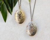 Locket Necklace, Oval Floral Vintage 32mm Photo Pendant, Antique Silver or Brass, Choose your Chain and Length