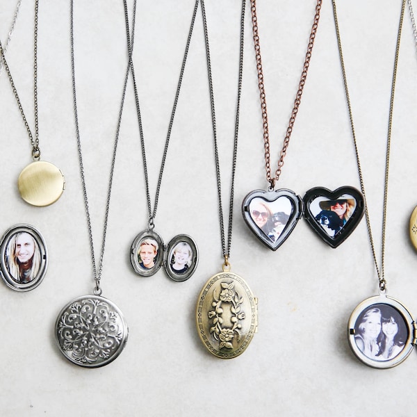 Locket Photo Necklace, Antique Brass Silver, 2 Photo Charm, Wedding Gift for Mom, Memorial Sympathy, Mothers Day Jewelry
