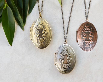 Floral Oval Locket Necklace, Antique Silver or Brass, Memorial Keepsake