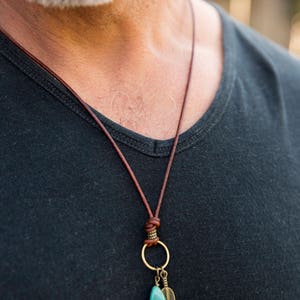 Men's Necklace Turquoise Antique Brass Feather Leather Necklace Unisex ...