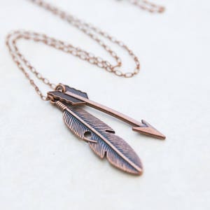 Copper Boho Necklace, Copper Charm Necklace, Copper Feather Jewelry, Copper Locket, Bottle Opener Key Necklace, Feather and Arrow Necklace