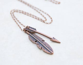 Copper Boho Necklace, Copper Charm Necklace, Copper Feather Jewelry, Copper Locket, Bottle Opener Key Necklace, Feather and Arrow Necklace