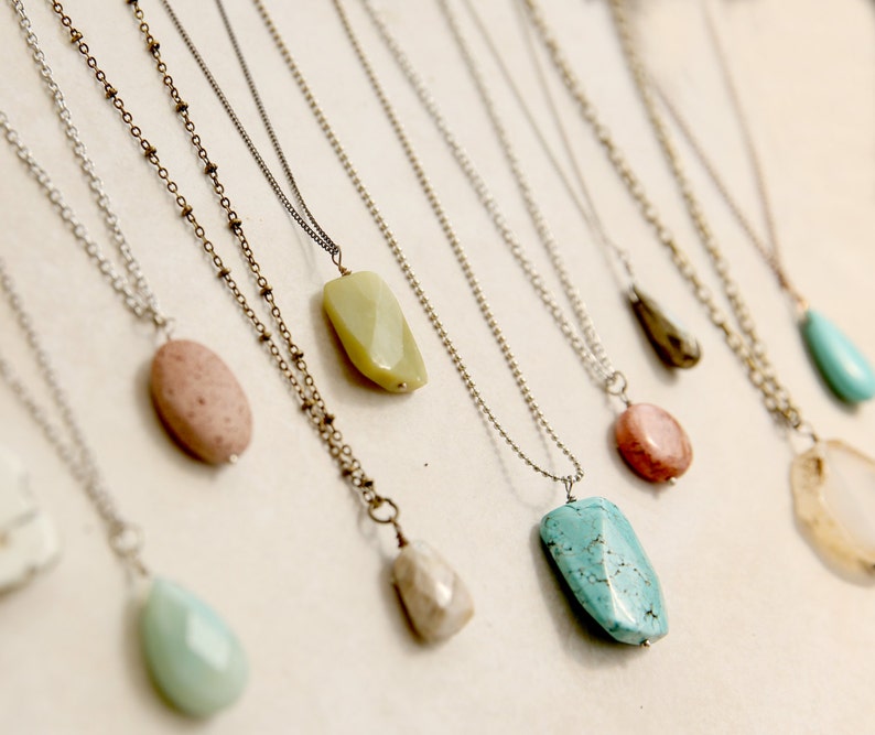 Boho Stone Necklace, Long Layered Necklace, Turquoise Stone Necklace, Jasper Stone Necklace, Black Onyx Necklace, Teardrop Necklace 