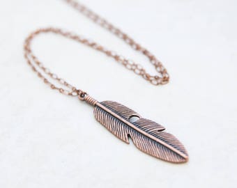 Copper Feather Necklace, Large Boho Pendant, Long Bohemian Necklace, Copper Pendant, Mens Necklace, Womens necklace