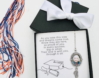 Graduation Tassel Photo Charm Memorial Gift Personalized Keepsake Cap and Gown Grad Jewelry