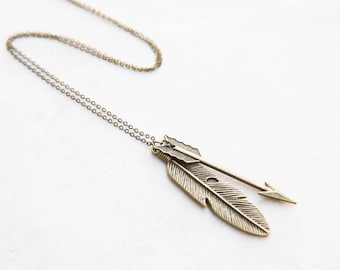 Antique Brass Feather and Arrow Long Layering Boho Necklace