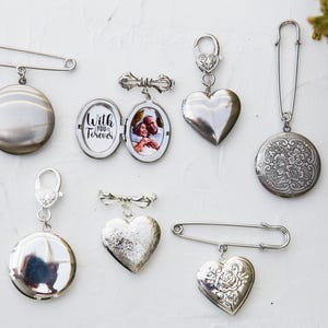 Silver Locket Pin Bouquet Locket Boutonniere Photo Pin Memorial Locket Wedding Locket Bouquet photo charm Personalized Oval Locket Brooch