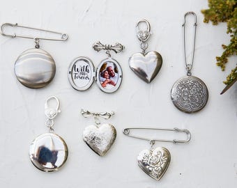Silver or Gold Locket Pin Bouquet Memorial Boutonniere Custom Wedding Jewelry Bronze Oval Locket