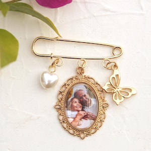 Bouquet fotografico personalizzato, spilla da bavero con foto, spilla commemorativa con spilla da balia, gioielli da sposa per abito di laurea
