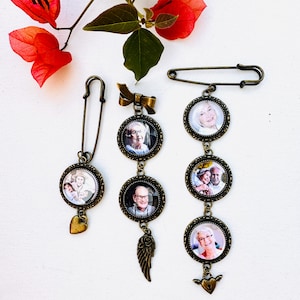 Antique Brass Photo Pin Memorial Bouquet Brooch Boutonniere for Men&#39;s Jacket Memorial Pin for Lapel Boho Wedding Photo Safety Pin