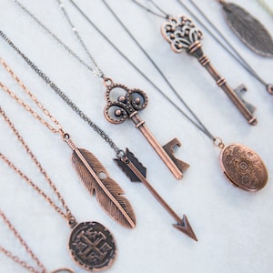 Customizable Copper Charm Necklace, Large Feather, Skeleton Key, Copper Leaf, Boho Layering