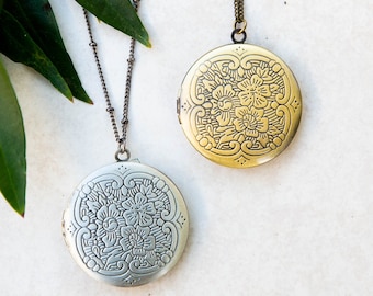 Silver or Brass Floral Etched Photo Locket Necklace, Keepsake Remembrance Gift, Picture Frame Charm
