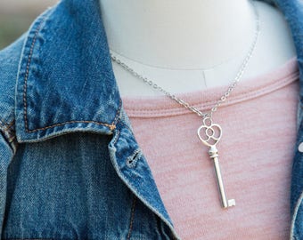 Silver Key Necklace, Scroll Key Necklace, Long Key Necklace, Gift for daugther