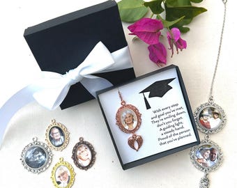 Personalized Graduation Photo Tassel Memorial Cap and Gown Charm Jewelry Angel Wings