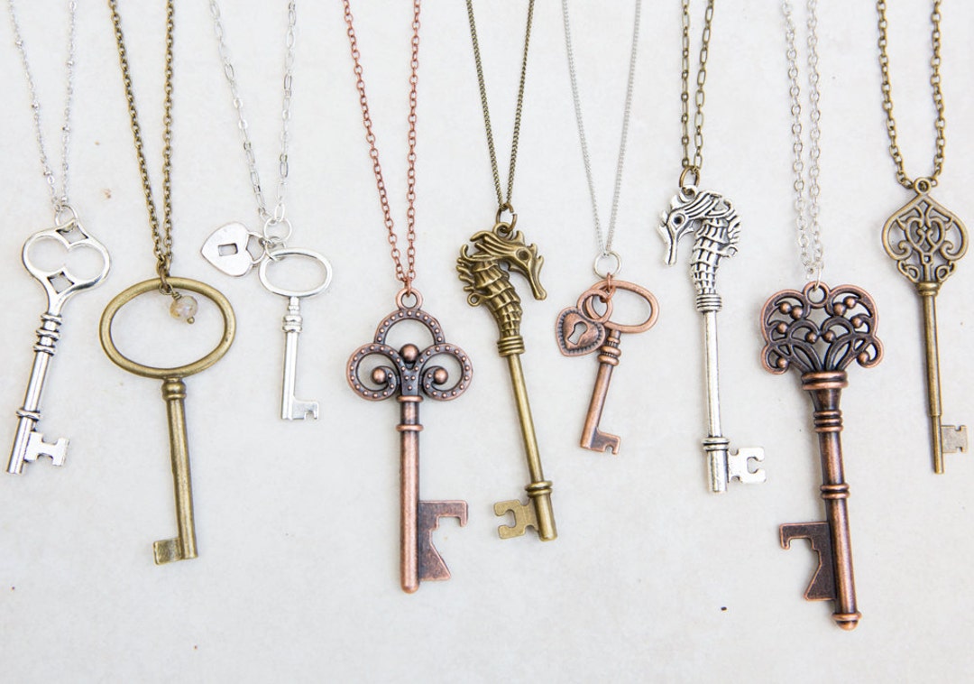 Key Necklace, Large Key, Skeleton Key Necklace, Silver Brass Copper ...