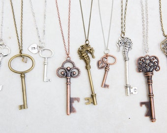 Key Necklace, Large key, Skeleton Key Necklace, Silver Brass Copper Antique Vintage Key Necklace, Long Layering Key Necklace