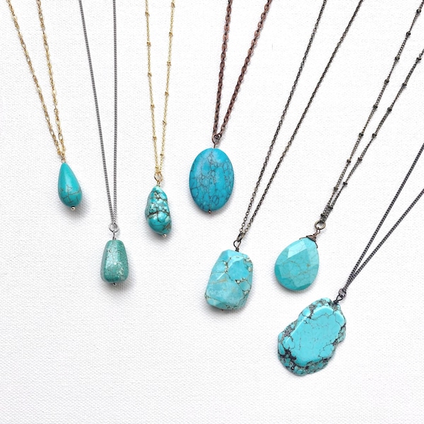 Turquoise Stone Necklace, Long Layering Pendant, Blue Howlite Teardrop Oval, Bohemian