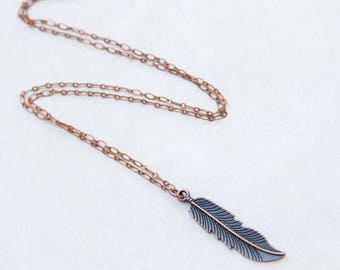 Copper Feather Necklace, Feather Necklace, Boho Necklace, Layering Necklace, Feather Pendant, Large Feather, Pendant Feather, Feather Etsy