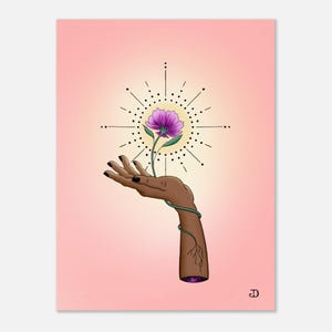 May include: An illustration of a hand holding a purple flower with a yellow sunburst design in the background. The hand is brown with black nail polish. A green vine wraps around the arm. The background is a soft pink.