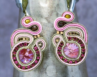 Soutache earrings with Swarovski// pink earrings