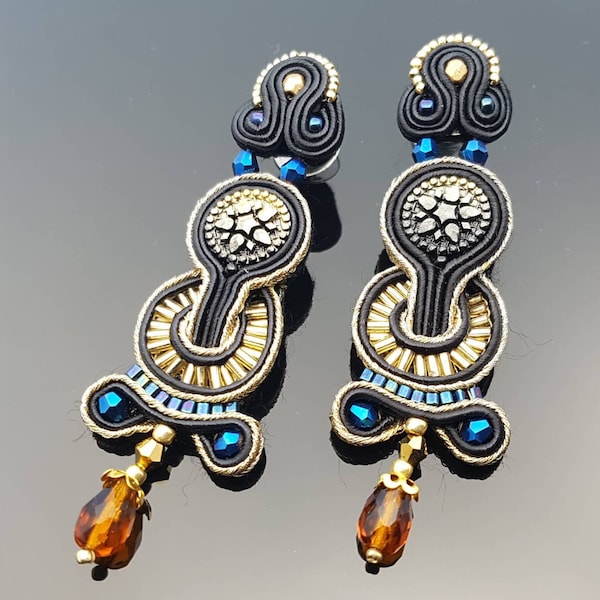 Long soutache earrings clip on// stud earrings chandelier