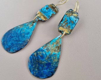 Natural patina/ verdigris/ and handpainted brass earrings