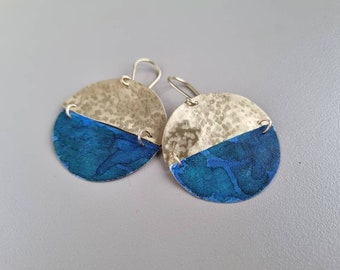 Blue and green watercolour painted brass earrings