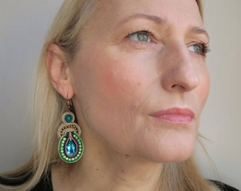 Long Soutache earrings with Swarovski and chryzocola// blue and green long earrings