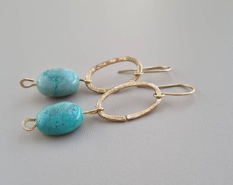 Long hammered brass earrings with turquoise