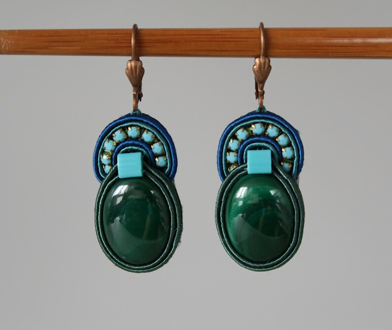 Boucles doreilles Soutache à la malachite image 1