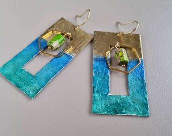 Long statement rectangular earrings made of brass/ watercolor earrings