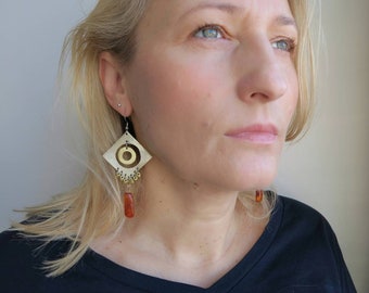 Long statement geometry silver&gold earrings made of brass with Baltic stones